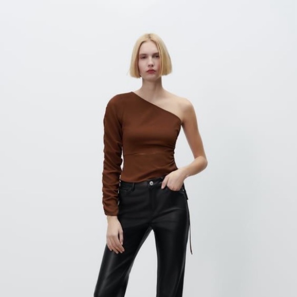 Zara One Long Sleeve Asymmetrical Cut Out Brown Blouse Top Size Large NWOT